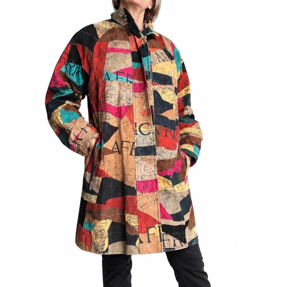 Vintage African Star Suede Leather Coat Map Print Oversized Long Jacket Boho‎